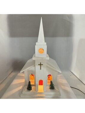 Vintage Handmade Wooden Light-Up Church Wedding Chapel with Figurines 15.5" Tall